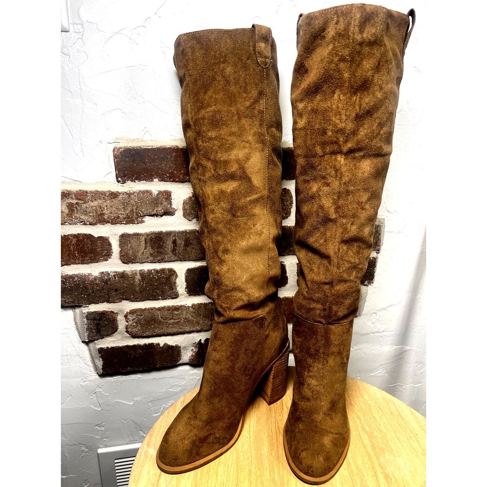 Oasis Society Knee High Faux Suede Slip On Soft Texture Camel Boot Women's 8.5